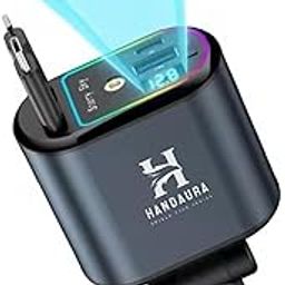 HANDAURA 120W Retractable 4 in 1 Fast Car Charger (USB Type C and Type A) | Starlight Projection on Car Roof | Compatible with All iPhone and Android Phones | Rectractable Cables 32 Inches | PD 3.0-12
