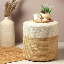 Habere India-All the Cultures Fabricating India Ottoman | Pouf | Ottomans for Living Room | pouffe Stool | Nesting Ottoman | Jute pouffes for Sitting - White, Round (M: Dia40xH41 CM)-image-36