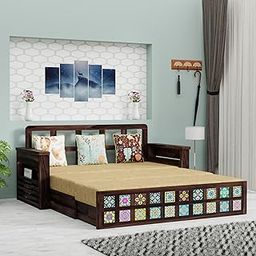 AMAZART FURNITURE Sheesham Wood 3 Seater Sofa Cum Bed with Storage for Living Room | Three Seater Sofa Com Bed | Wooden 3-Person Sofa Bed | 3-Person Sofa | Hand-Painted Ceramic Tile, Walnut & Cream-image-79