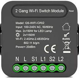 EXCLUZO QS-WIFI-CP02 Tuya WiFi ligent Switch Module ligent me Electrical Appliance Conversion Module 2 Gang Ligng Switch Module Mobilepne APP Remotes Control Compatible Alexa Google me-18