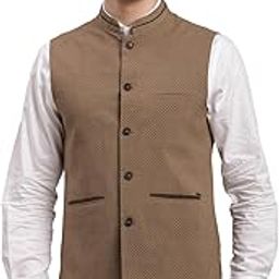 Men Poly Viscose Brown Self Design Casual Nehru Jacket-1