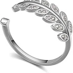 om jewells White Rhodium Plated Alloy Delicate Open Leaves Ring Studded with CZ Stones Made for Women-picture-7