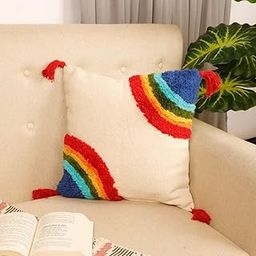 pepme Boho Pillow Covers for Kids Playroom Rainbow Colorful Throw Pillow Cover with Tassels 16x16 Inch, Boho Tufted Decorative Cushion Case for Nursey, Couch, Bed, Sofa & Living Room-picture-23