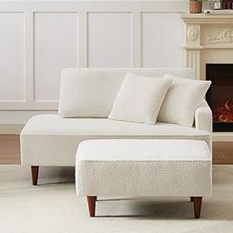 EPIC EVERGREEN ART - Modern Chaise Lounge with Stool 2-Seater Lounger Bouncle Fabric Wooden Legs Multi-Functional Couch Comfort Seating Couch for Living Room, Bedroom. (Off White)-image-80