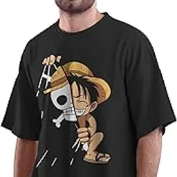crazymonk Unisex Cotton One Piece Monkey D Luffy Anime Oversized T-Shirt - Black, L-picture-25