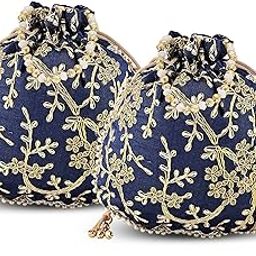Pack of 2 Potli Bags for Ladies & Girls | Women Shagun Pouches for Festive Seasons | Embroidery Batwa Bag Bridal Purse -Dark Blue-image-99