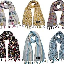 � Women's Printed Chiffon Multicolored Scarf and Stoles with Tassels - Set of 6 (LDS10250)-24