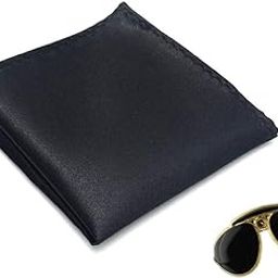 Black Mens Solid Micro Fiber Silk Satin Pocket Square Handkerchiefs and Black Aviator Lapel Pin Brooch/Shirt Stud Brooch for Men- Pack of 2-image-2