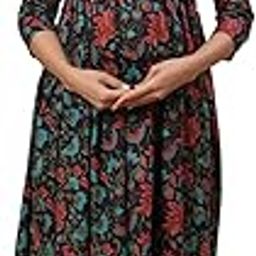 Pre & Post Maternity/Nursing Wear Hand Printed Kurta/Kurti Cum Midi Dress/Nighty with Both Sides Zipper for Easy Feeding for to Be Moms & Nursing Mothers Cotton Black Blue Red-image-97