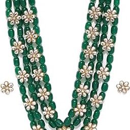 Green Beads & Floral Kundan Necklace Set For Women-ZPFK9098-image-1