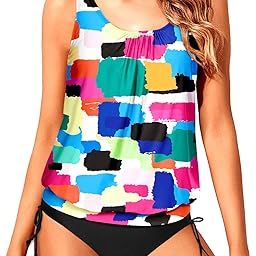 Two Piece Blouson Tankini Swimsuits for Women Tummy Control Bathing Suits Modest Loose Tankini Top with Shorts, Color Block, Medium-image-89