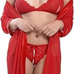 Women's Babydoll Nightwear Mesh Robe and Lace Bra Panty Lingerie Set Combo-image-97