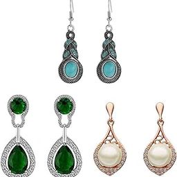 Pair-of-3 Earring-combo Dangler Earrings for Women (Green & Blue) (SKR69216)-image-17