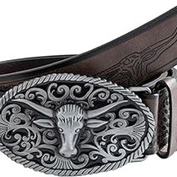 Western Cowboy Leather Belt | Floral Engraved Longhorn Buckle Belt, Vintage Bull Head Buckle for Men & Women-image-0
