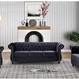 JASPREET FURNITURE HOUSE 3-Piece Velvet Living Room Set, Chesterfield Tufted Sofa, Loveseat and Chair, Pink (Grey)-12