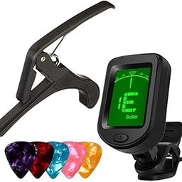 Imaginea Guitar Tuner and Capo Combo Kit with 5 Picks | Digital Clip-On Tuner for Acoustic Electric Guitar | Metal Spring Action Capo | Guitar Accessories for Beginners, Students, & Professionals-image-93