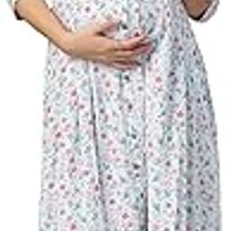 Cream Floral Rayon Maternity | Feeding | Nursing Long Dress | Pre & Post Pregnancy Floral Printed Maxi | Nighty for Pregnant Woman-image-7