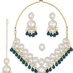 Green Bead Dazzling Stones Embellished Choker Necklace Earring Maangtikka & Ring Set For Women-ZPFK17792-image-69