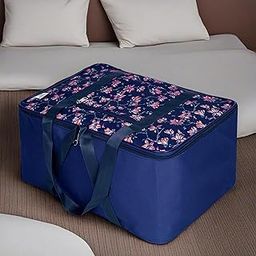 Kuber Industries Storage Bag | Clothes Storage Attachi Bag With Zipper Clouser | Wardrobe Organizer with Handle | Travel Attachi Bag | Flower-Print | Small | Navy Blue-image-17