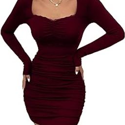 Solid Sweetheart Neck Lace Trim Long Sleeves Mini Bodycon Ribbed Dress for Women-image-79