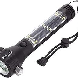 Tusig Aluminium 7 Mode Solar LED Torch Flashlight, Car Emergency Tool with Window Breaker, Magnet, Cutter, Compass for Travel, Camping Hiking Security (Black)-16