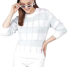 Women's Blue Self-Design Acrylic Sweater-image-4