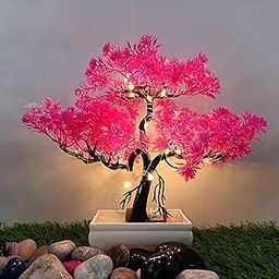 Asharya® Artificial LED Bonsai Tree with Lush Colorful Foliage in Elegant Plastic Pot | Artificial Plants with Pot | Indoor Plants | Home Decor Items (Pink, 24cm)-image-6