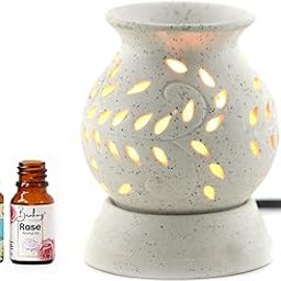 Aroma Oil Diffuser Electric Ancient Matki Diffuser with Bulb Aroma Burner Diffuser Matki Shape (White - with 10grams Rose and Vanilla Aroma Oil)-2