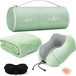 urnexttour Travel Pillow and Blanket Set Neck Pillows Soft Blankets with Sleep Mask Travel Essentials for Airplane Car Memory Foam Sage Green-picture-49