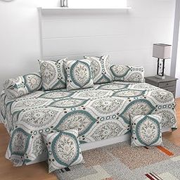 MANIQATEX Floral Diwan Set with 5 Cushions and 2 Bolsters, Teal and Grey Pattern, Traditional Design-15