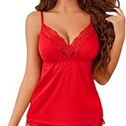 Women's Red Lace Sleepwear Set - Camisole Top and Shorts with Adjustable Straps - Elegant Nightwear for Women (Free Size)-picture-3