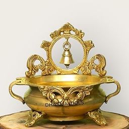 DHARMA IDOLS Ethnic Indian Brass Urli Bowl with Bell – 7-Inch Handcrafted Urli for Flowers & Home Décor | 1.6 kg | Pack of 1-31