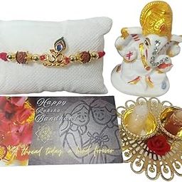 Sarnaya Essence Rakhi Combo – Rudraksha & Om Pendant on Thread with Ganpati Idol, Tilak Platter, Rakhi Card & Decorated Box-image-6
