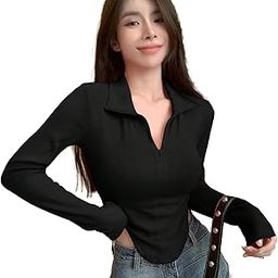 Women's Top Solid Long Sleeve Ribbed Asymmetric Hem Casual T-Shirt with Zipper Collar. Full Sleeve, Rib Knit, Plain, Slim Fit-14