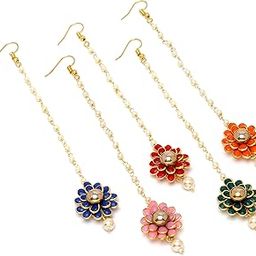 Gold-Plated Pink-Green-Orange-Red-Blue AD with Pearls studded Flower Shaped MaangTikka (Combo Of 5)-8