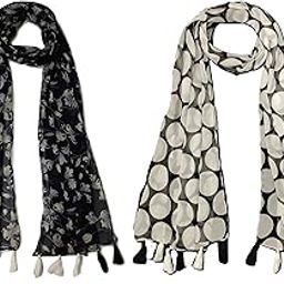 ™ Women's Printed Chiffon Multicolored Scarf and Stoles with Tassels - Set of 2 (ST039)-image-14