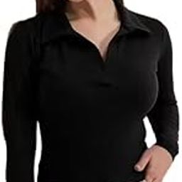 Women's Ribbed Knit Collared Long Sleeve Top, Brown, V-Neck Fitted Style-image-4