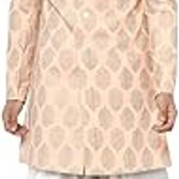 Men's Indo-Western Sherwani, Peach Cotton Blend, Foil Print Regular Fit Mandarin Collar Long Sleeves-image-58