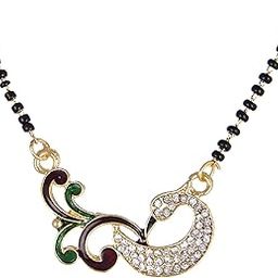 Mangalsutra Peacock Design Gold-Plated American Diamond Pendant Tanmaniya Nallapusalu With Black Beads Chain For Women-image-2