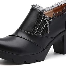 Women's Casual Zipper Lace Platform Mid-Heel Square Toe Oxfords Dress Shoes-6
