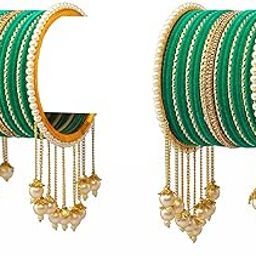 Alluring Non-Precious metal Alloy Gold-plated white Colored Pearl studded kada with velvet bangles fancy glossy latkan bangle set for Women and Girls-7