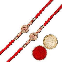 Traditional Designer Rakhi for Brother | Handcrafted Rakhi with Red Thread and Stone Work | Raksha Bandhan Gift for Bhai (Set of 2) with Roli and Chawal-image-51