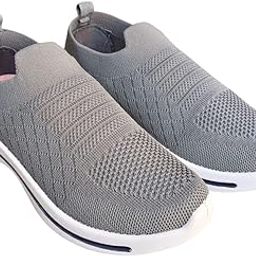 Slip-On Knit Walking Shoes, Grey Mesh Breathable Sneakers with White Sole-image-83