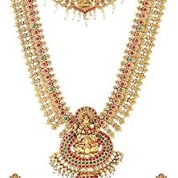 Jewellery Set for Women Gold Plated Temple Bridal Choker Necklace with Long Necklace and Earrings for Womens and Girls-image-10