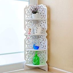Device Bas with BROWN ART SHOPPEE 4 Tier Corner Shelf Shelving Unit Carved Corner Shelf Unit Wood Plastic Composite Storage Organiser Rack For Home Office Bedroom Bathroom Living Room, White-image-44