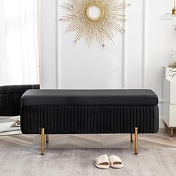 LEGACY OF COMFORT Miajah Velvet Upholstered Flip Top Storage Bench 2 Seater Sofa Upholstered Ottoman Bench with Storage for Living Room, Bedroom (Black)-image-100