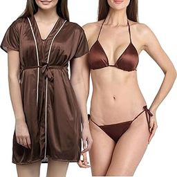 Women Satin Nightwear Robe With Lingerie Set-image-97