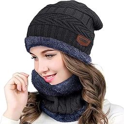 FABUNIK Woolen Winter Cap for Women with Neck Muffler Warn Soft for Snow | Knit Beanie Cap Hat Neck Warmer Scarf Set for Women (2 Piece Set) (Grey)-image-60