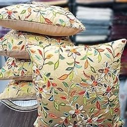 WARISHA Creations Attractive Dupion Silk Kasmiri Embroidered Sofa Cushion Cover Set of 5 16X16inch (Creem)-120 TC-image-19