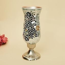 Home Centre Corsica Mosaic Silver Patterned Glass Hurricane Candle Holder-image-32
